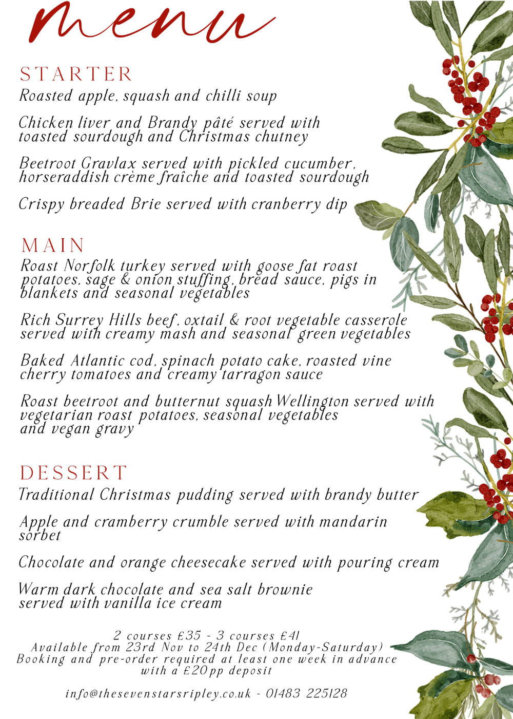 The Seven Stars Christmas Menu 2026